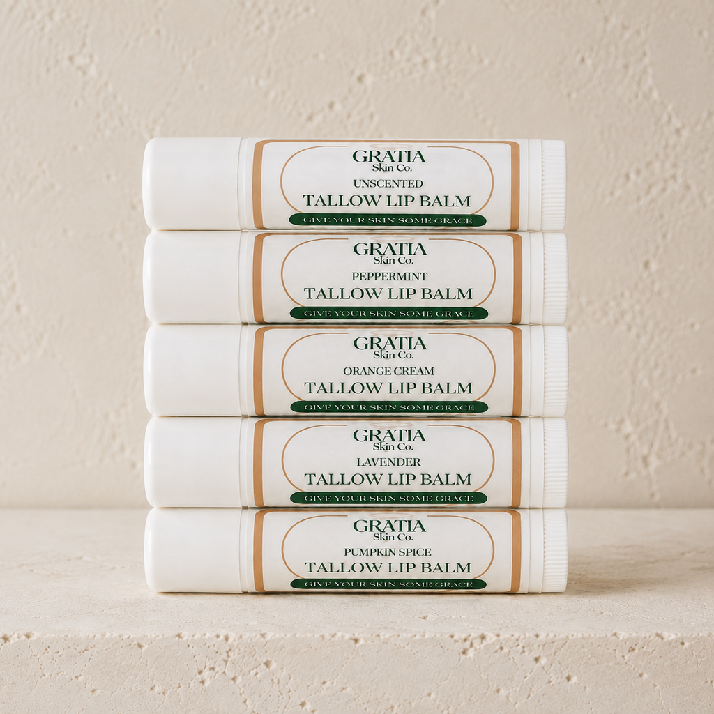 Five Gratia Skin Co. tallow lip balm flavors