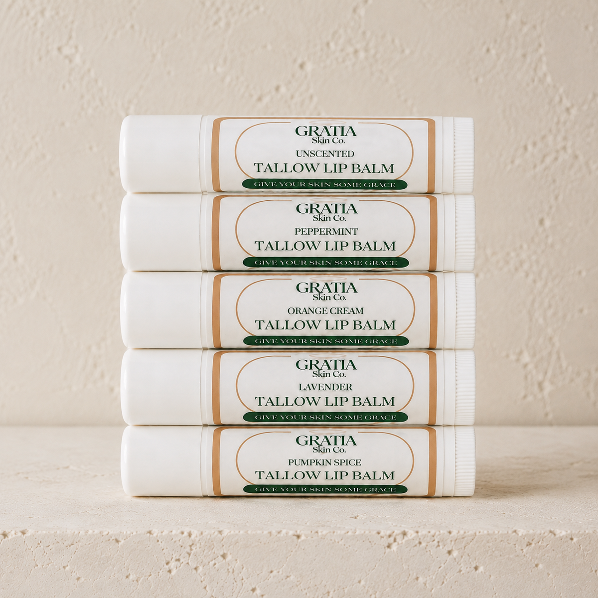 Five Gratia Skin Co. tallow lip balm flavors