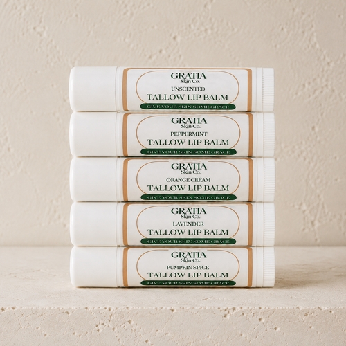 Five Gratia Skin Co. tallow lip balm flavors