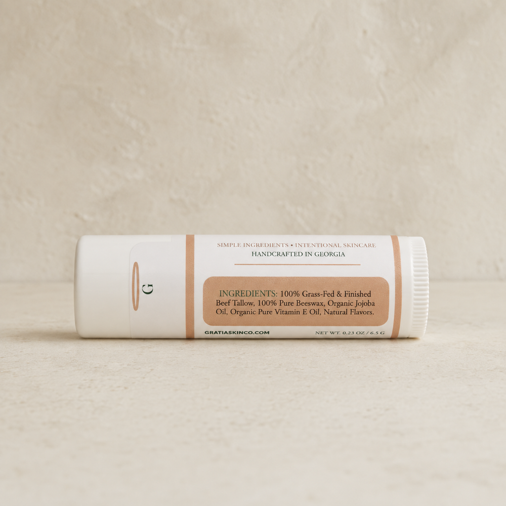 Gratia Skin Co. flavored tallow lip balm ingredients and cap tamper seal