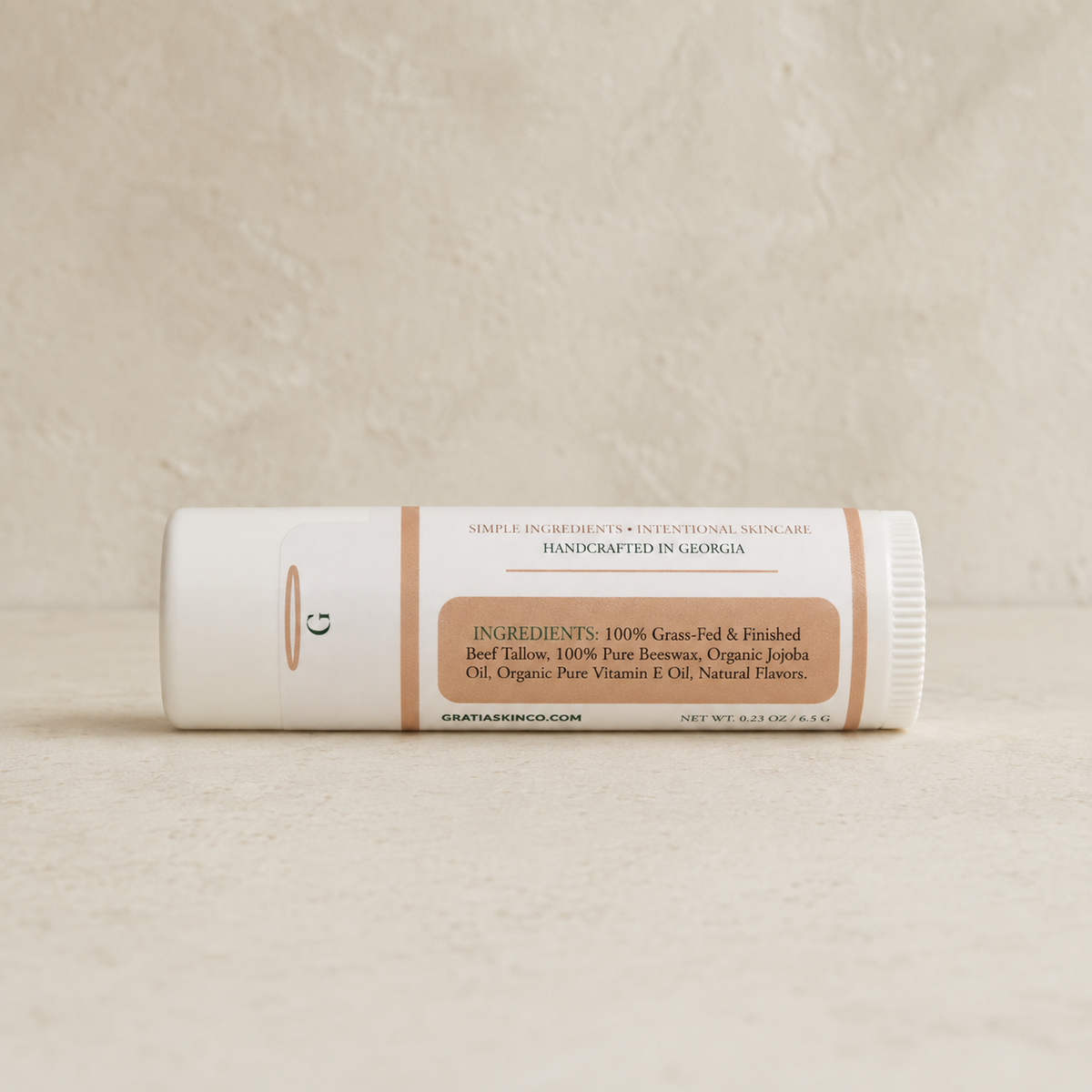 Gratia Skin Co. flavored tallow lip balm ingredients and cap tamper seal