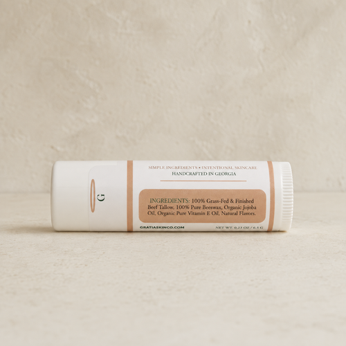 Gratia Skin Co. flavored tallow lip balm ingredients and cap tamper seal
